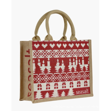 Customized Printed Xmas Natural Burlap Fashion Eco-Friendly Tote Bags Reusable Jute Shopping Bag with PE-Coated